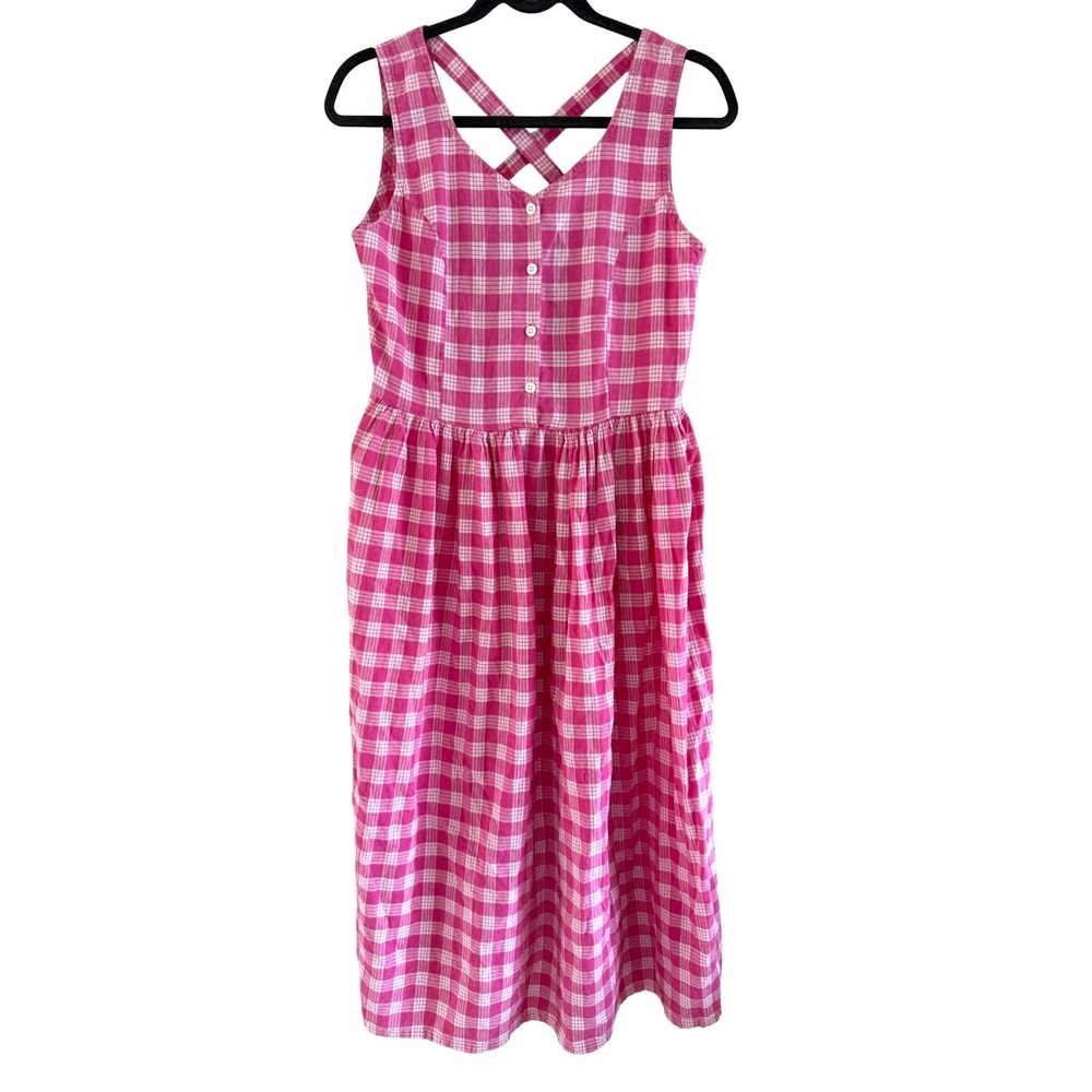 Chandni Pink Palaka Midi Dress Cotton Smocked Back Pockets Medium